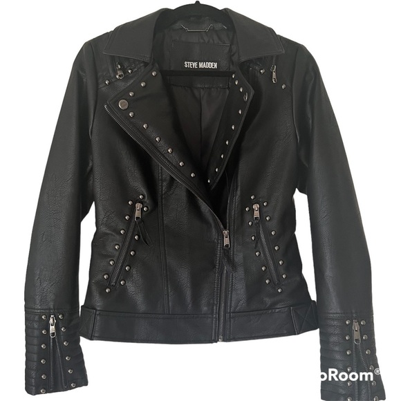 Steve Madden Jackets & Blazers - Nwt Steve Madden black faux leather biker zip up jacket silver detailing snaps S